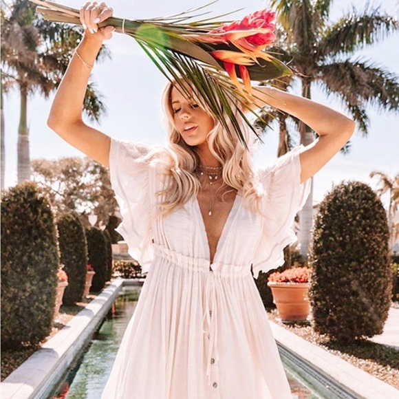White Sands Gauze Boho Button Flutter Maxi Butterfly Arms Dress/ Coverup - Picture 7 of 14